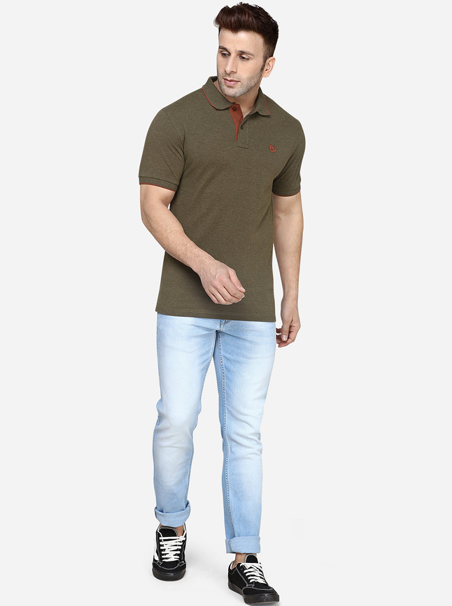 Olive Melange Solid Slim Fit Polo T-Shirt | Greenfibre