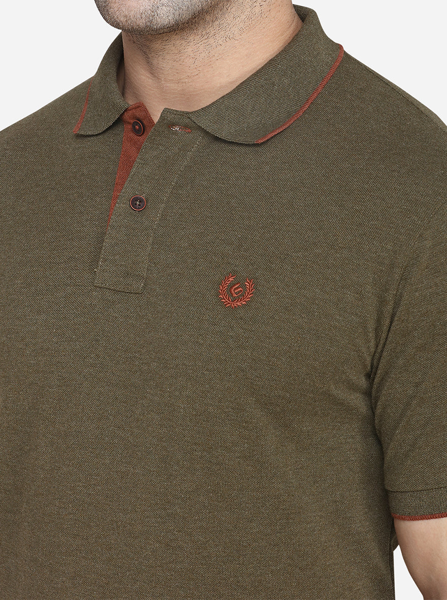 Olive Melange Solid Slim Fit Polo T-Shirt | Greenfibre