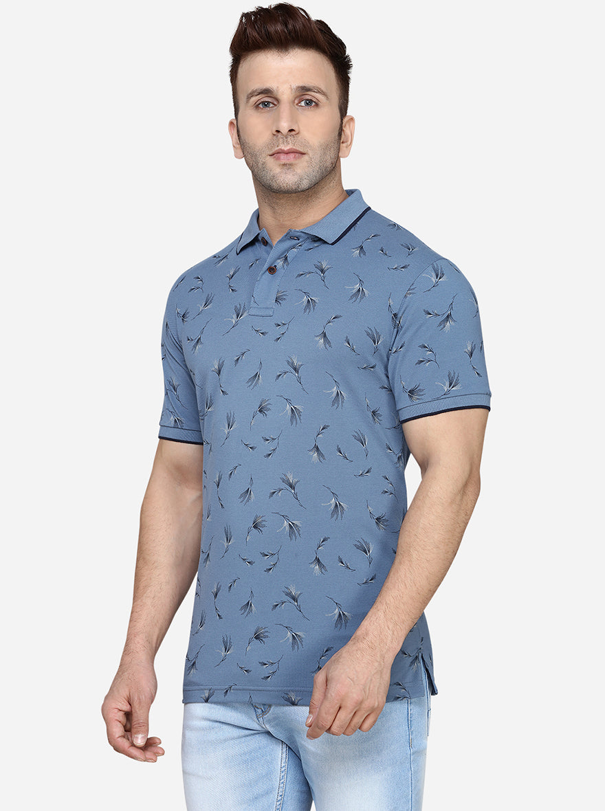 Aqua Blue Printed Slim Fit Polo T-Shirt | Greenfibre