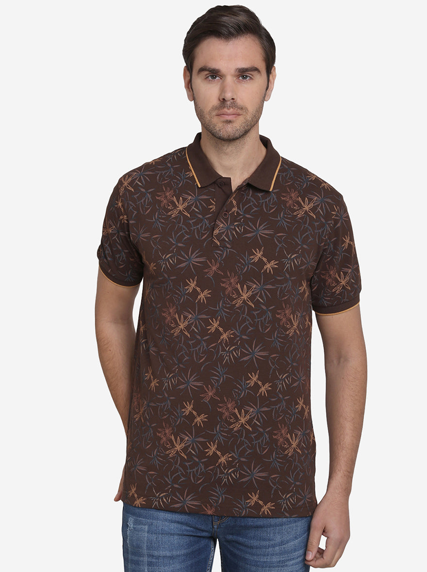 Pinecone Brown Printed Slim Fit Polo T-shirt  | Greenfibre