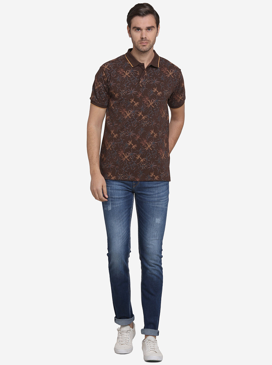 Pinecone Brown Printed Slim Fit Polo T-shirt  | Greenfibre