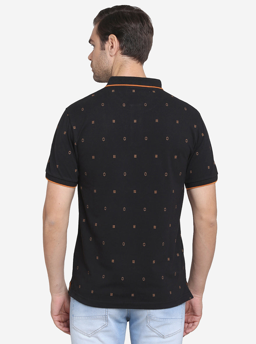 Black Printed Slim Fit Polo T-shirt  | Greenfibre