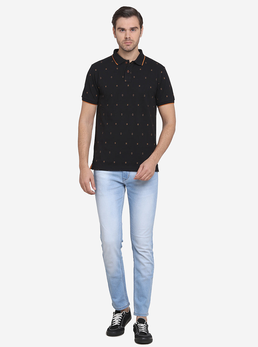 Black Printed Slim Fit Polo T-shirt  | Greenfibre