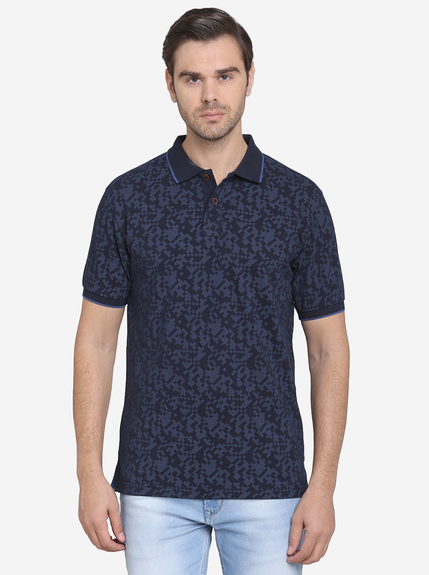 Ink Blue Printed Slim Fit Polo T-shirt  | Greenfibre