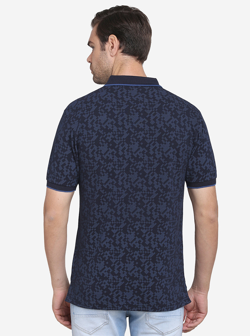 Ink Blue Printed Slim Fit Polo T-shirt  | Greenfibre