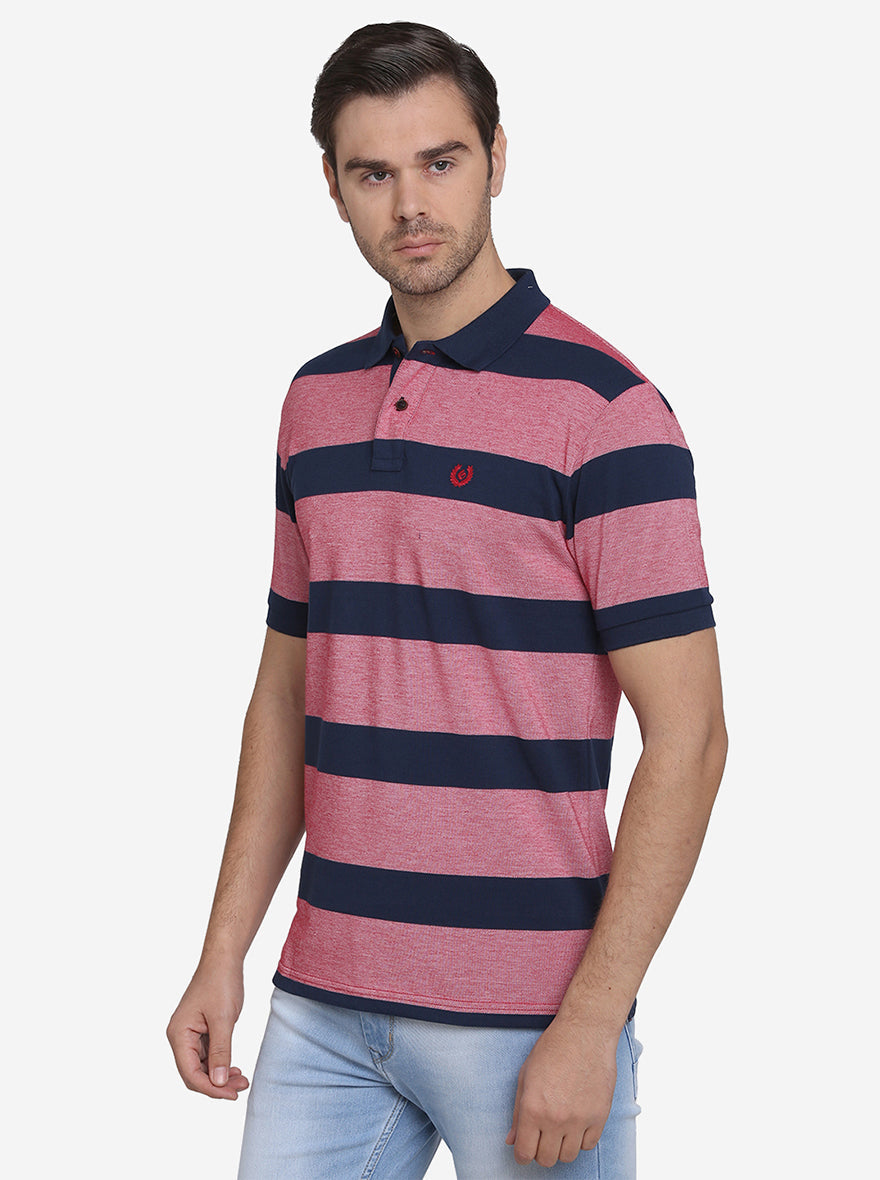 Teaberry & Blue Striped Slim Fit Polo T-shirt  | Greenfibre