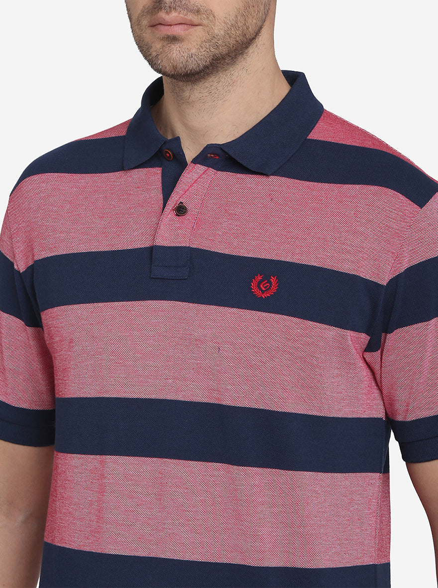 Teaberry & Blue Striped Slim Fit Polo T-shirt  | Greenfibre