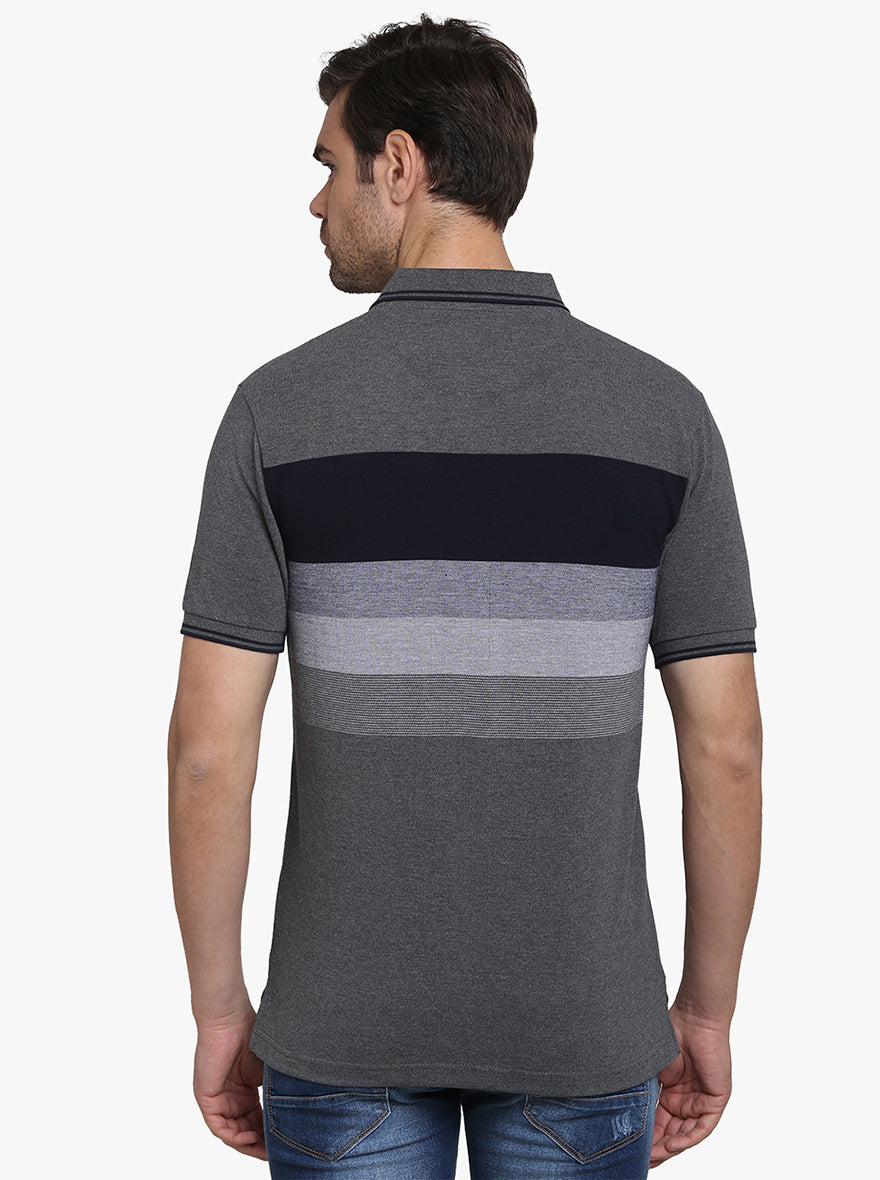 Grey & Navy Blue Striped Slim Fit Polo T-shirt  | Greenfibre