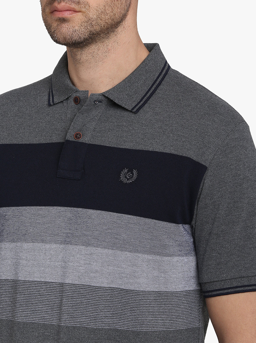 Grey & Navy Blue Striped Slim Fit Polo T-shirt  | Greenfibre