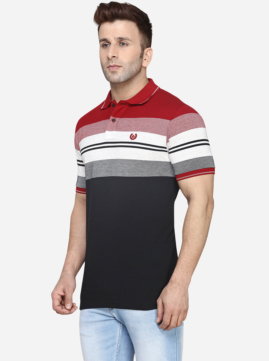 Red & White Striped Slim Fit Polo T-Shirt | Greenfibre