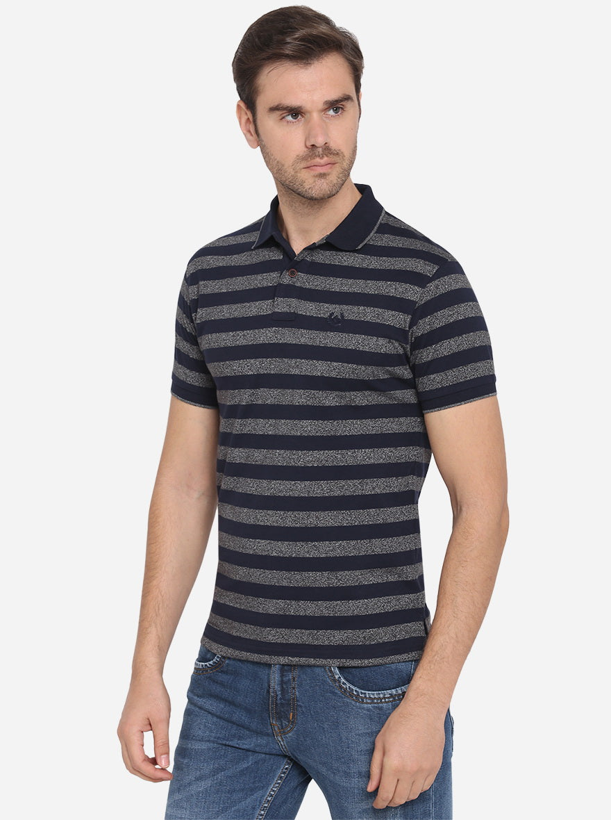 Night Blue & Grey Striped Slim Fit Polo T-shirt | Greenfibre