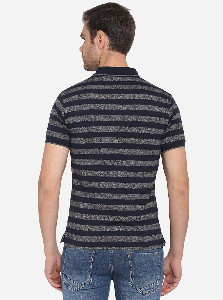 Night Blue & Grey Striped Slim Fit Polo T-shirt | Greenfibre