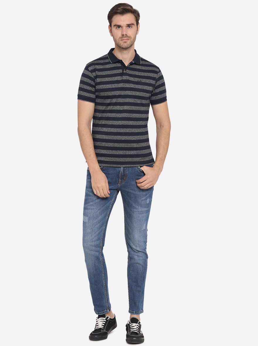 Night Blue & Grey Striped Slim Fit Polo T-shirt | Greenfibre