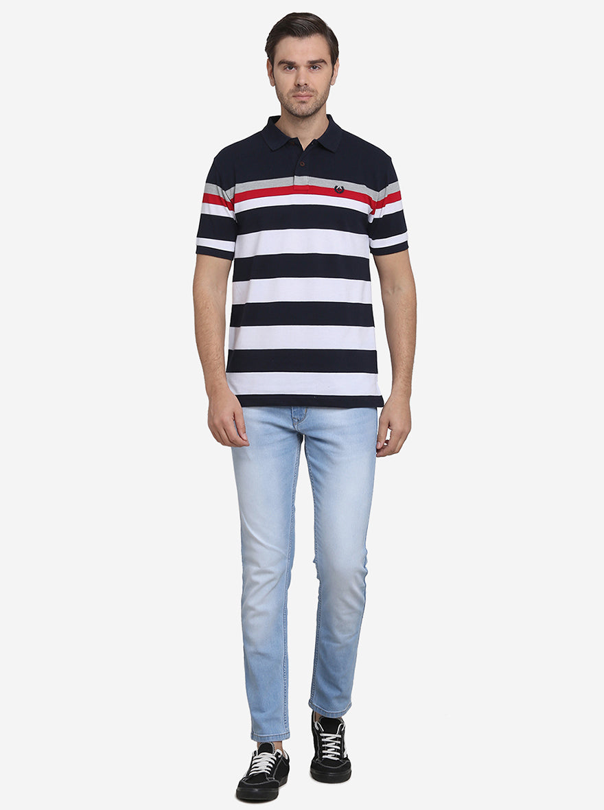 Navy Blue & White Striped Slim Fit Polo T-shirt  | Greenfibre