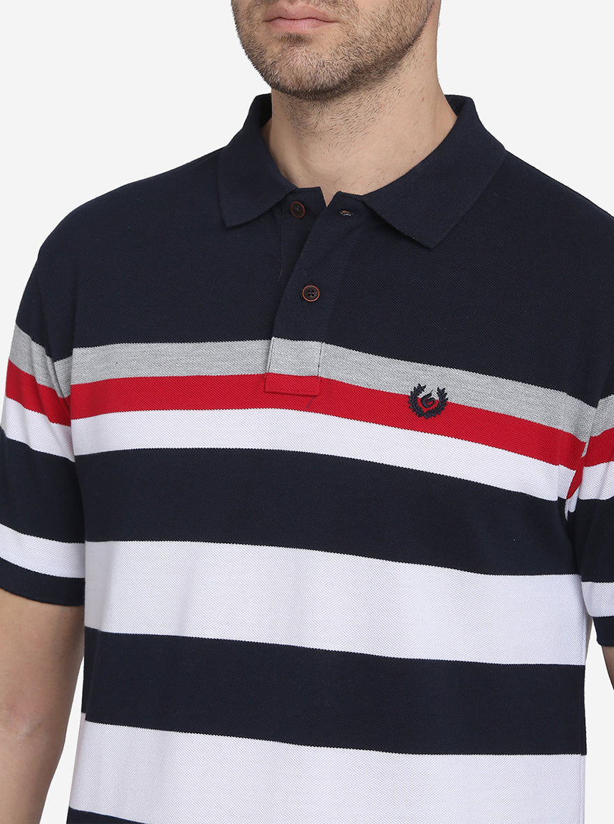 Navy Blue & White Striped Slim Fit Polo T-shirt  | Greenfibre