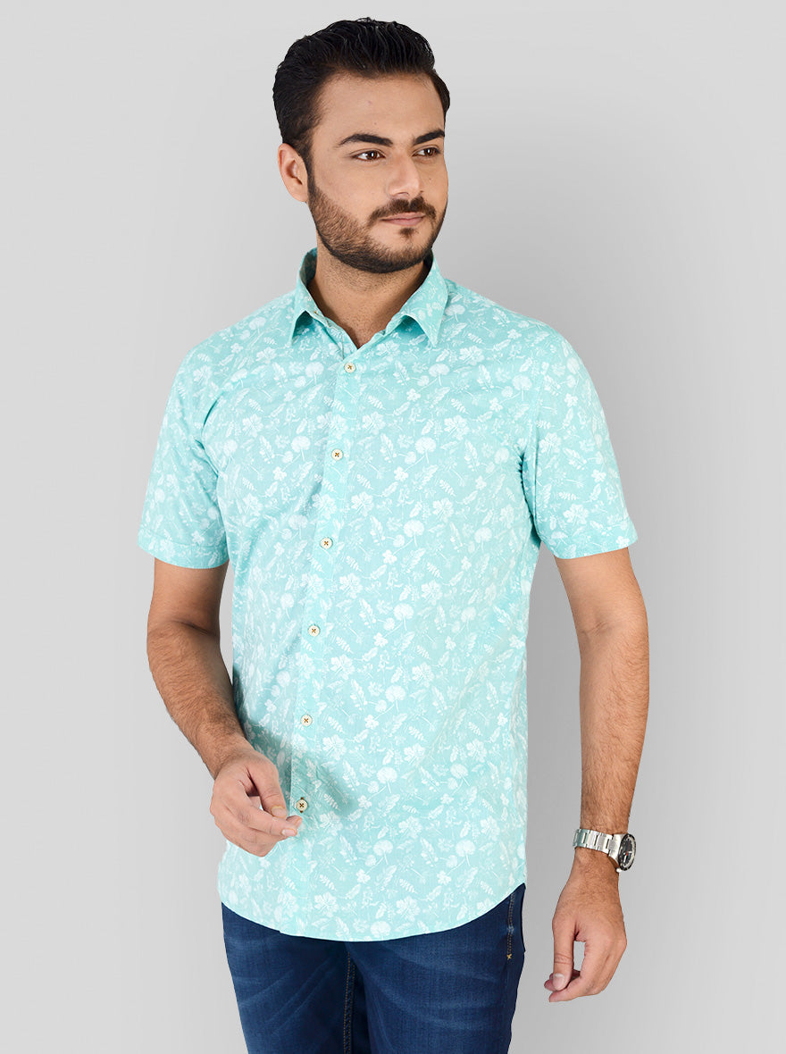 Water Green Printed Slim Fit Casual Shirt | JB Sport