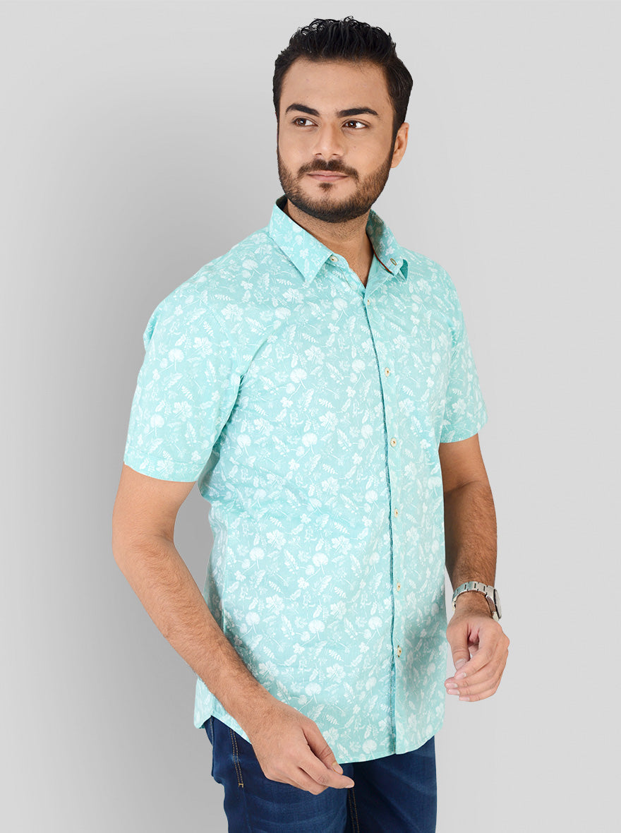 Water Green Printed Slim Fit Casual Shirt | JB Sport