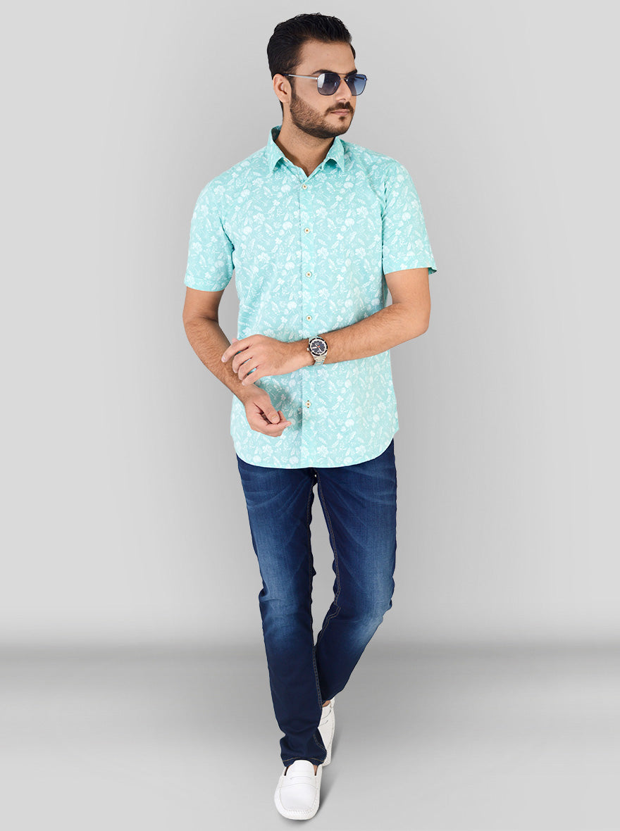 Water Green Printed Slim Fit Casual Shirt | JB Sport