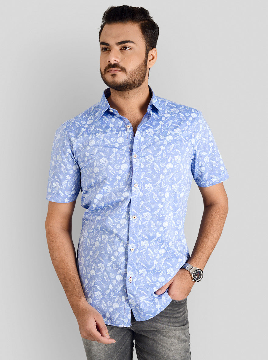 Morning Sky Blue Printed Slim Fit Casual Shirt | JB Sport