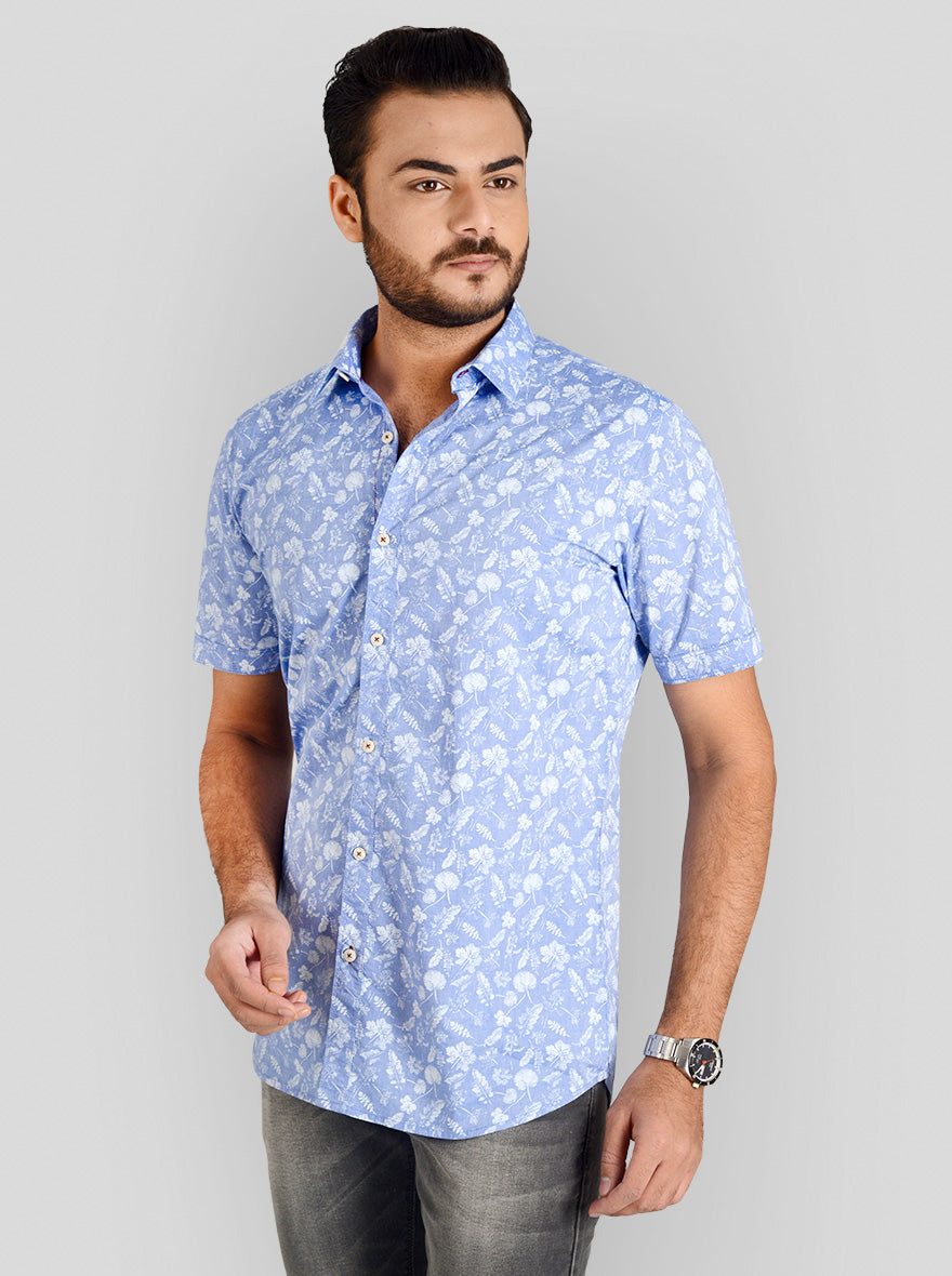 Morning Sky Blue Printed Slim Fit Casual Shirt | JB Sport