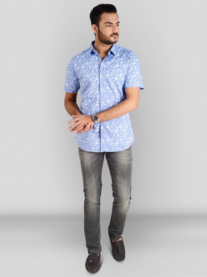 Morning Sky Blue Printed Slim Fit Casual Shirt | JB Sport