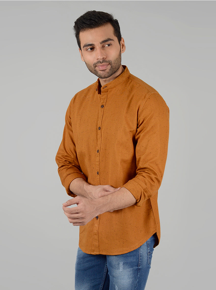 Mustard Yellow Self Textured Slim Fit Casual Shirt | Greenfibre