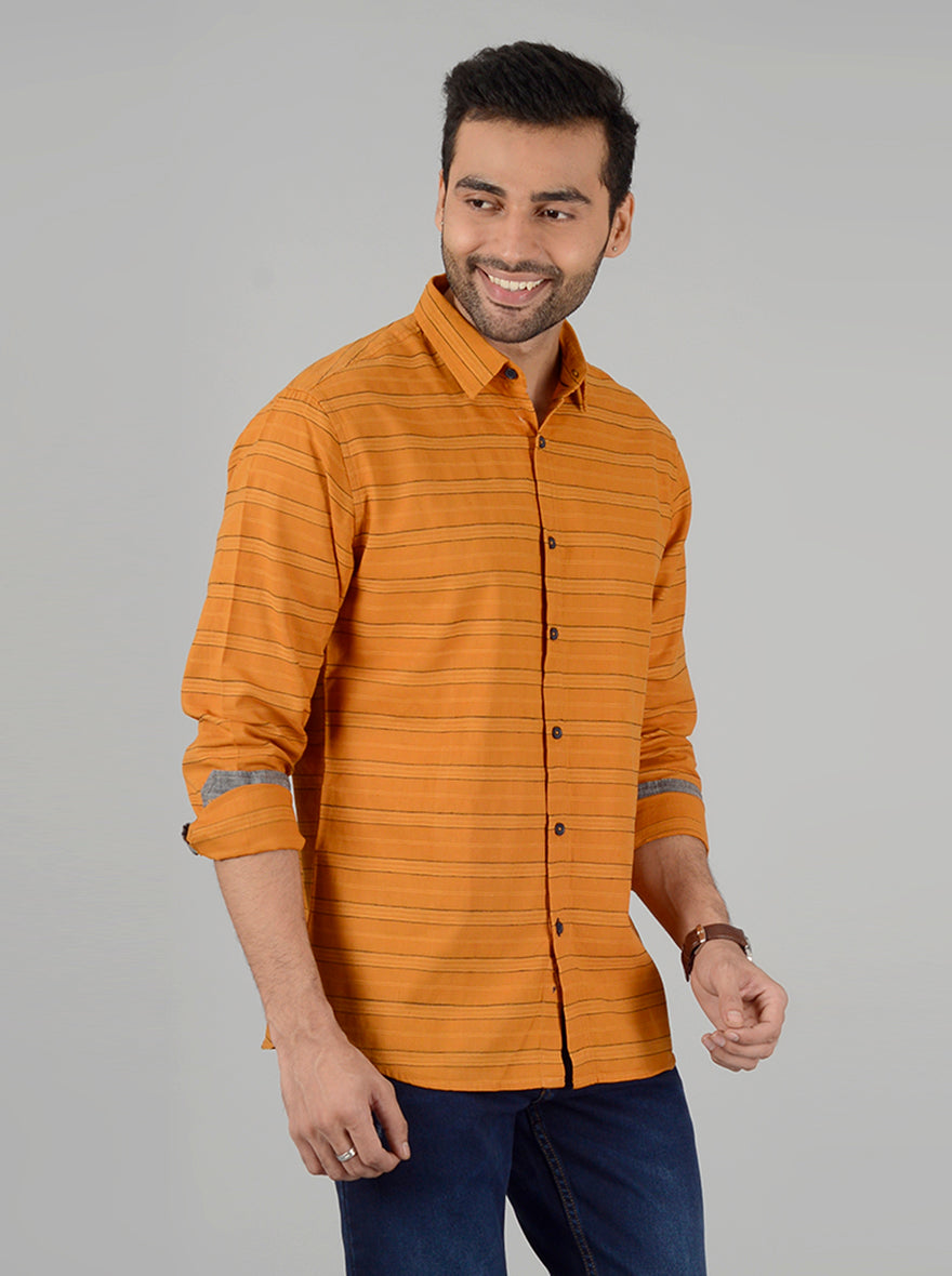 Orange Striped Slim Fit Casual Shirt | Greenfibre