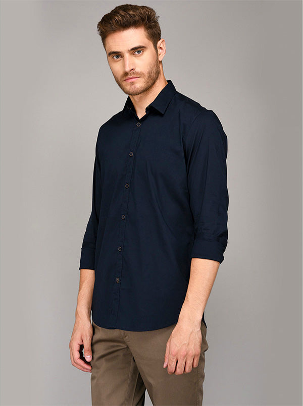 JB Sport Navy Blue Slim Fit Casual Shirt