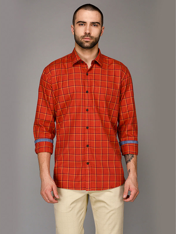 Burnt Orange Checked Slim Fit Casual Shirt | JB Sport