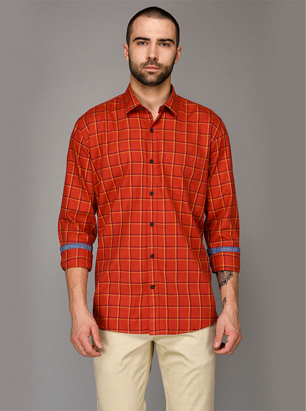 Burnt Orange Checked Slim Fit Casual Shirt | JB Sport