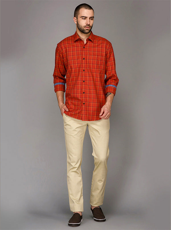 Burnt Orange Checked Slim Fit Casual Shirt | JB Sport