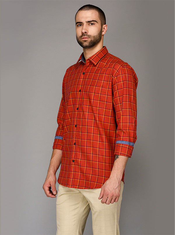 Burnt Orange Checked Slim Fit Casual Shirt | JB Sport