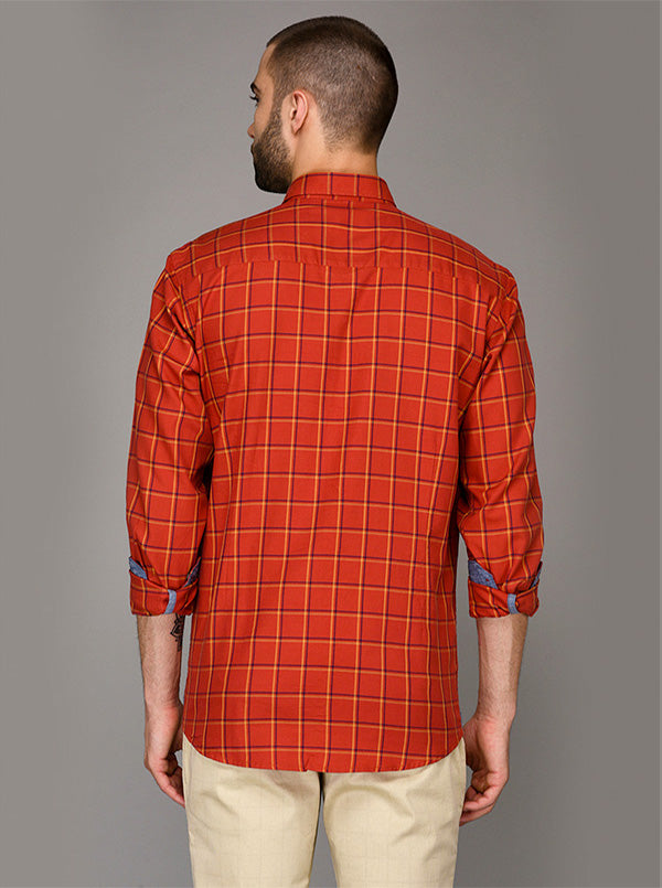 Burnt Orange Checked Slim Fit Casual Shirt | JB Sport