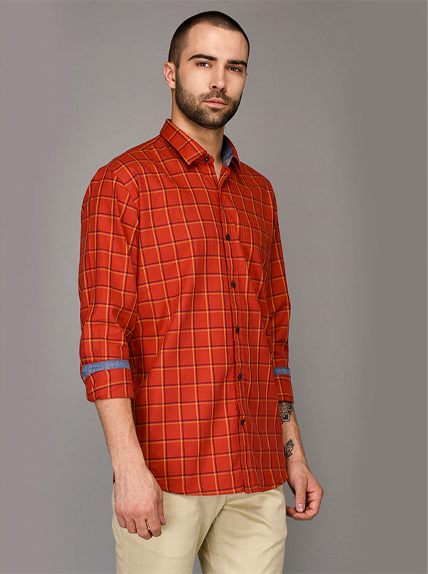 Burnt Orange Checked Slim Fit Casual Shirt | JB Sport