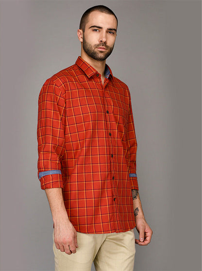 Burnt Orange Checked Slim Fit Casual Shirt | JB Sport