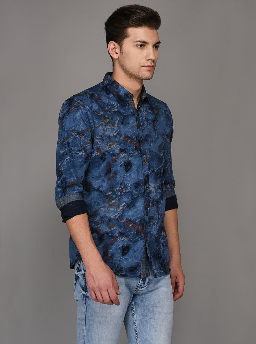 Greenfibre Blue Printed Slim Fit Casual Shirt