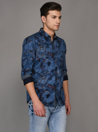 Greenfibre Blue Printed Slim Fit Casual Shirt