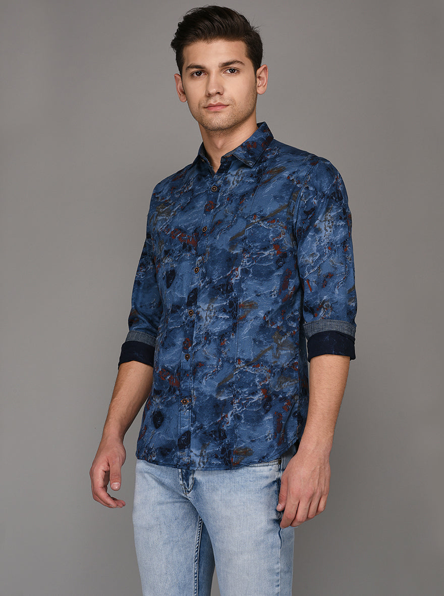 Greenfibre Blue Printed Slim Fit Casual Shirt