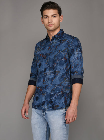 Greenfibre Blue Printed Slim Fit Casual Shirt