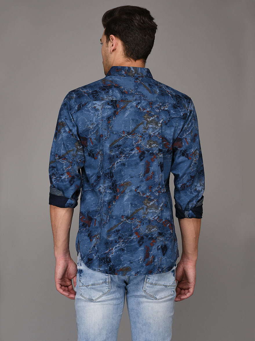 Greenfibre Blue Printed Slim Fit Casual Shirt
