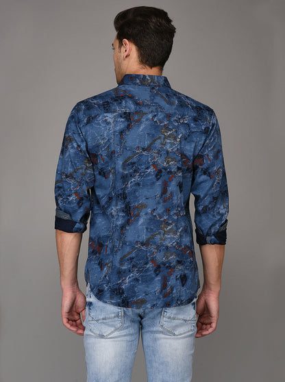 Greenfibre Blue Printed Slim Fit Casual Shirt