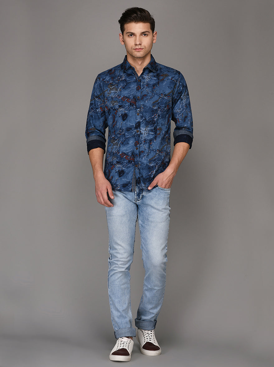 Greenfibre Blue Printed Slim Fit Casual Shirt