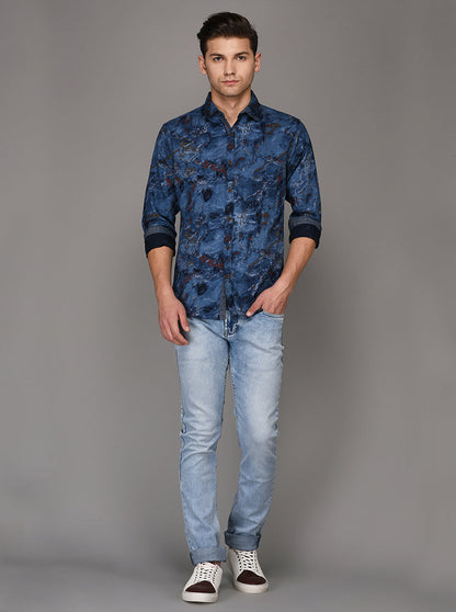 Greenfibre Blue Printed Slim Fit Casual Shirt