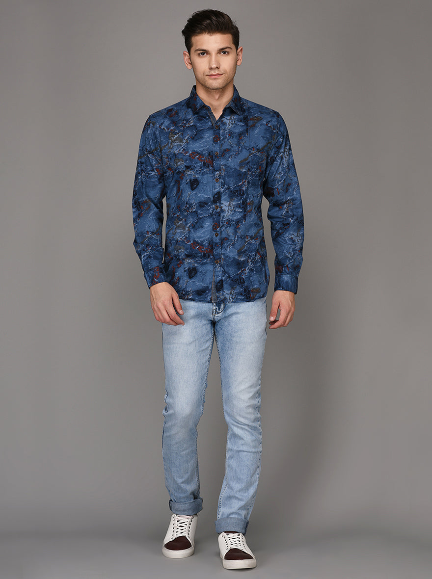 Greenfibre Blue Printed Slim Fit Casual Shirt