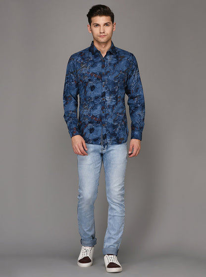 Greenfibre Blue Printed Slim Fit Casual Shirt