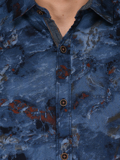 Greenfibre Blue Printed Slim Fit Casual Shirt