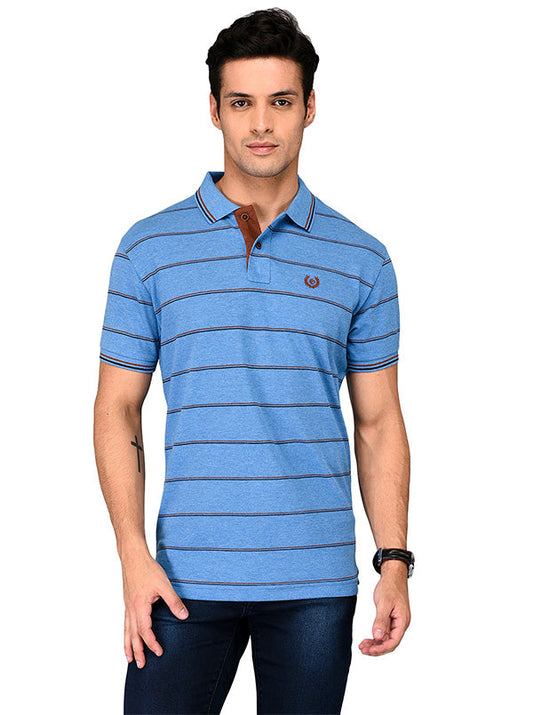 Sky Blue Striped Slim Fit Polo T-shirt | Greenfibre