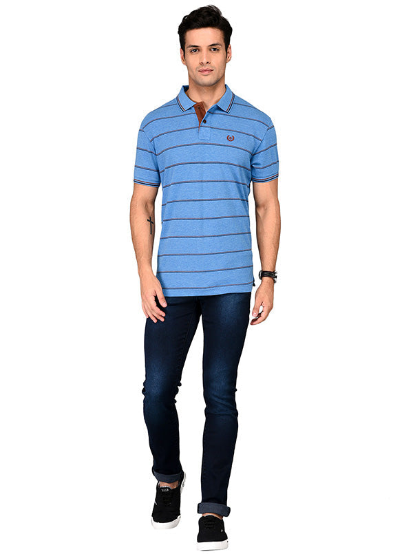 Sky Blue Striped Slim Fit Polo T-shirt | Greenfibre