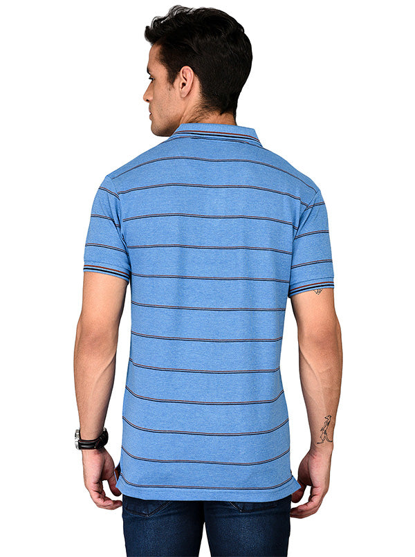 Sky Blue Striped Slim Fit Polo T-shirt | Greenfibre