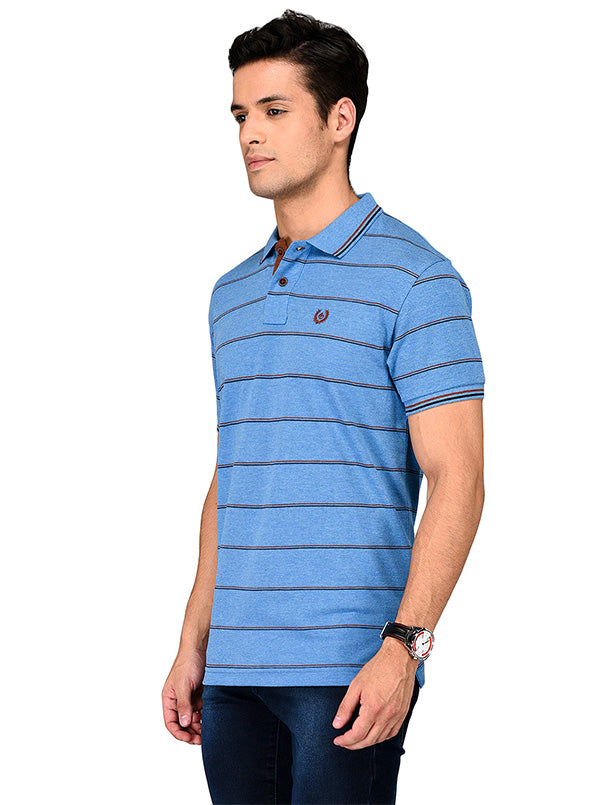 Sky Blue Striped Slim Fit Polo T-shirt | Greenfibre